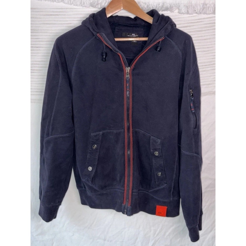 RLX Ralph Lauren Navy Blue Double Knit Full Zip Hoodie Large Metal Snap Pocket